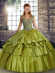 Olive Green Vestidos de Quinceanera Military Ball and Sweet 16 and Quinceanera with Beading and Ruffled Layers Straps Sl