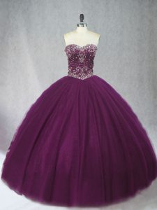 Stylish Dark Purple Sleeveless Floor Length Beading Lace Up Quinceanera Gowns