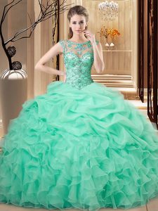 Sleeveless Organza Floor Length Lace Up Quince Ball Gowns in Apple Green with Beading and Ruffles