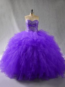 Modest Purple Quinceanera Gowns Sweet 16 and Quinceanera with Beading and Ruffles Sweetheart Sleeveless Lace Up
