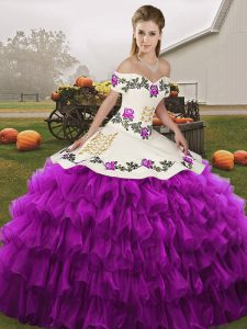 Cheap Sleeveless Organza Floor Length Lace Up Quinceanera Gown in White And Purple with Embroidery and Ruffled Layers
