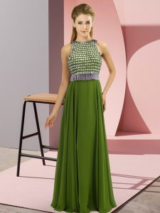 Cute Olive Green Sleeveless Chiffon Side Zipper Evening Dress for Prom and Party and Military Ball