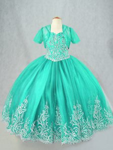 Sleeveless Floor Length Beading and Embroidery Lace Up Little Girl Pageant Gowns with Turquoise