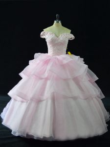 Sleeveless Beading and Ruffled Layers Lace Up Quince Ball Gowns with Pink Brush Train