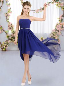 Best Selling Sleeveless High Low Beading Lace Up Bridesmaid Dresses with Royal Blue