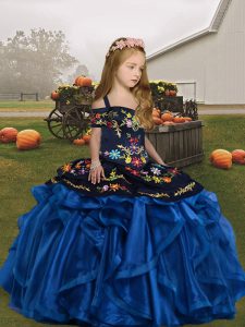Floor Length Ball Gowns Sleeveless Blue Little Girl Pageant Gowns Lace Up