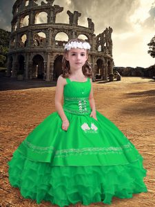 Green Sleeveless Embroidery and Ruffled Layers Floor Length Little Girls Pageant Dress Wholesale