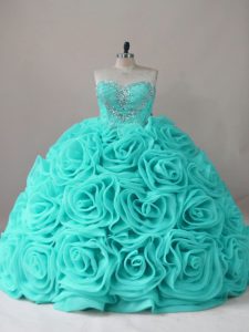 Glamorous Aqua Blue Ball Gowns Fabric With Rolling Flowers Sweetheart Sleeveless Beading Lace Up Quinceanera Gowns