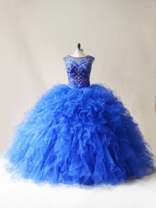 Floor Length Royal Blue 15th Birthday Dress Tulle Sleeveless Beading and Ruffles