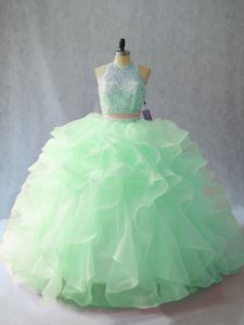 Simple Apple Green Ball Gowns Organza Halter Top Sleeveless Beading and Ruffles Backless Quinceanera Dress Brush Train