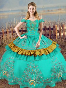 Ideal Floor Length Turquoise Quinceanera Gown Off The Shoulder Sleeveless Lace Up