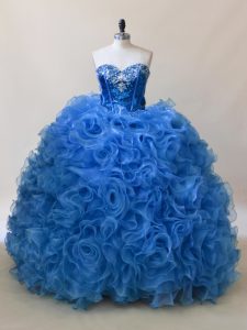 Blue Sweetheart Neckline Ruffles and Sequins Sweet 16 Dress Sleeveless Lace Up