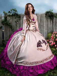 Fine Organza Sweetheart Sleeveless Lace Up Embroidery 15 Quinceanera Dress in Fuchsia