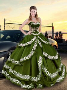 Olive Green Sweetheart Neckline Embroidery and Ruffled Layers Sweet 16 Quinceanera Dress Sleeveless Lace Up