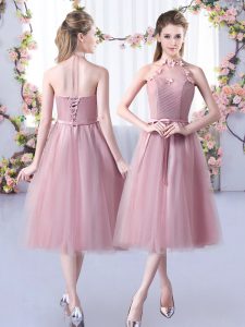 Sophisticated Halter Top Sleeveless Tulle Wedding Guest Dresses Appliques and Belt Lace Up