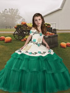 Floor Length Lace Up Girls Pageant Dresses Turquoise for Party and Military Ball and Wedding Party with Embroidery and R