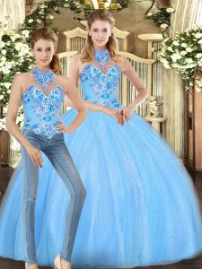 Beautiful Floor Length Two Pieces Sleeveless Baby Blue Quinceanera Dresses Lace Up