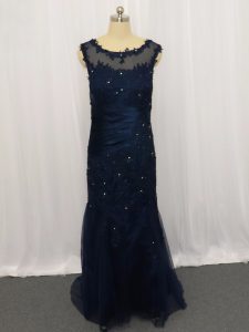 Wonderful Navy Blue Sleeveless Lace and Appliques Floor Length Dress for Prom