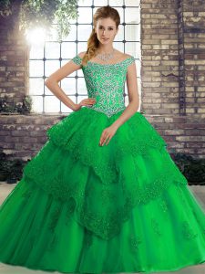 Ball Gowns Sleeveless Green Quinceanera Gowns Brush Train Lace Up