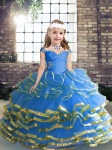 Customized Straps Sleeveless Little Girls Pageant Dress Floor Length Beading and Ruffled Layers and Ruching Blue Tulle