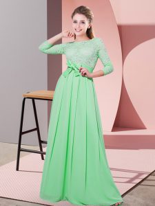 Fancy Chiffon Scoop 3 4 Length Sleeve Side Zipper Lace and Belt Dama Dress for Quinceanera in Apple Green