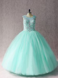 Fitting Apple Green Ball Gowns Beading Quinceanera Gowns Lace Up Tulle Sleeveless Floor Length
