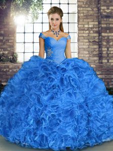 Fabulous Floor Length Blue Quinceanera Dress Organza Sleeveless Beading and Ruffles