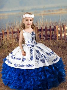 Best Royal Blue Sleeveless Embroidery and Ruffles Floor Length Little Girls Pageant Gowns