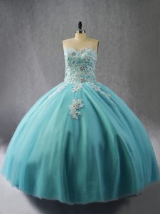 Blue Quince Ball Gowns Sweet 16 and Quinceanera with Appliques Halter Top Sleeveless Lace Up