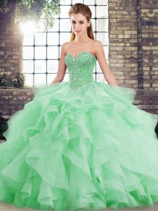 Cute Tulle Sweetheart Sleeveless Brush Train Lace Up Beading and Ruffles 15 Quinceanera Dress in Green