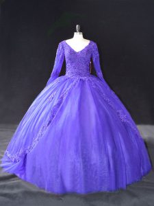 V-neck Long Sleeves Quinceanera Dress Floor Length Lace and Appliques Purple Tulle