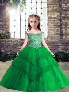 Floor Length Green Pageant Dress Wholesale Off The Shoulder Sleeveless Lace Up