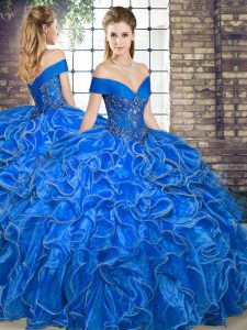 Royal Blue Off The Shoulder Neckline Beading and Ruffles 15 Quinceanera Dress Sleeveless Lace Up