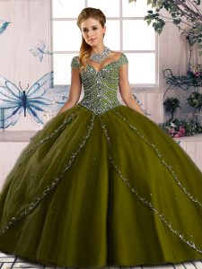 Sweet Brush Train Ball Gowns Sweet 16 Dress Olive Green Sweetheart Organza Cap Sleeves Lace Up