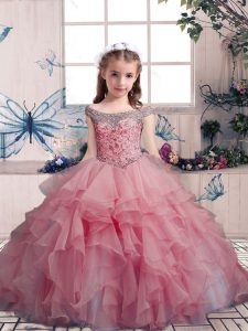 Floor Length Ball Gowns Sleeveless Pink Girls Pageant Dresses Lace Up