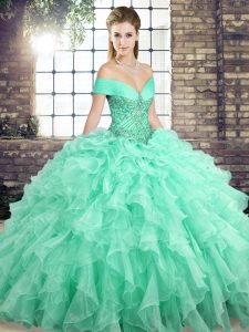 Apple Green Ball Gowns Off The Shoulder Sleeveless Organza Brush Train Lace Up Beading and Ruffles Quinceanera Gowns