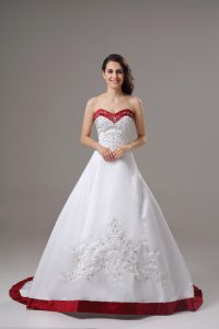 Low Price White Sweetheart Lace Up Beading and Embroidery Wedding Dresses Brush Train Sleeveless