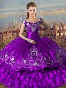 New Style Ball Gowns 15 Quinceanera Dress Purple Off The Shoulder Satin and Organza Sleeveless Floor Length Lace Up
