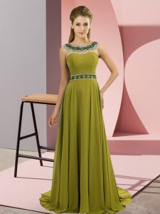 Graceful Olive Green Evening Dress Prom and Party with Beading Scoop Sleeveless Brush Train Zipper