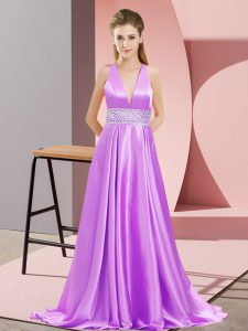 Lavender Prom Party Dress V-neck Sleeveless Brush Train Backless