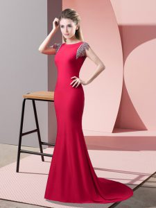 Coral Red Short Sleeves Elastic Woven Satin Brush Train Backless Homecoming Dress for Prom and Party