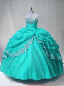 Most Popular Aqua Blue Ball Gowns Sweetheart Sleeveless Organza Floor Length Lace Up Beading and Appliques Ball Gown Pro