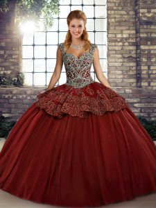 Exceptional Wine Red Sleeveless Floor Length Beading and Appliques Lace Up Sweet 16 Quinceanera Dress