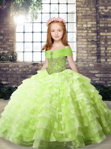 Inexpensive Yellow Green Ball Gowns Straps Sleeveless Organza Brush Train Lace Up Beading and Ruffled Layers Little Girl