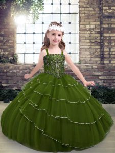 Floor Length Olive Green Winning Pageant Gowns Straps Sleeveless Lace Up