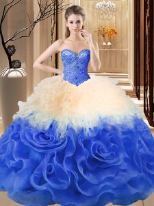 Free and Easy Sweetheart Sleeveless Fabric With Rolling Flowers Sweet 16 Quinceanera Dress Beading and Ruffles Lace Up