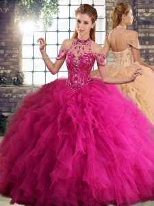 Modest Fuchsia Tulle Lace Up Halter Top Sleeveless Floor Length 15 Quinceanera Dress Beading and Ruffles