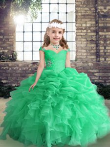 Unique Apple Green Lace Up Little Girls Pageant Dress Beading and Ruffles and Pick Ups Sleeveless Floor Length