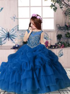 Best Blue Ball Gowns Organza Scoop Sleeveless Beading and Pick Ups Floor Length Zipper Girls Pageant Dresses
