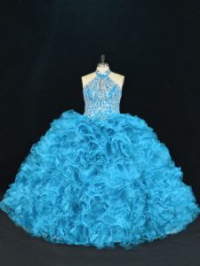 On Sale Organza Halter Top Sleeveless Lace Up Beading and Ruffles 15th Birthday Dress in Blue